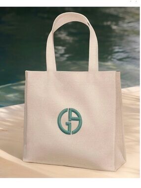 Giorgio Armani Cream Canvas Beauty Tote with Teal Logo